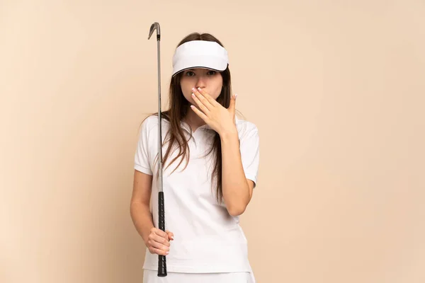 Young Ukrainian Golfer Girl Isolated Beige Background Happy Smiling Covering — Stock Photo, Image