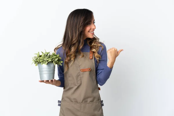 Niña Jardinero Sosteniendo Una Planta Aislada Sobre Fondo Blanco Apuntando —  Fotos de Stock