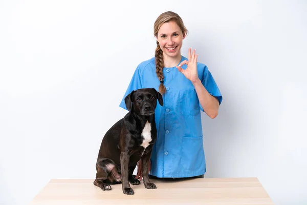 Giovane Donna Veterinario Con Cane Isolato Sfondo Bianco Mostrando Segno — Foto Stock