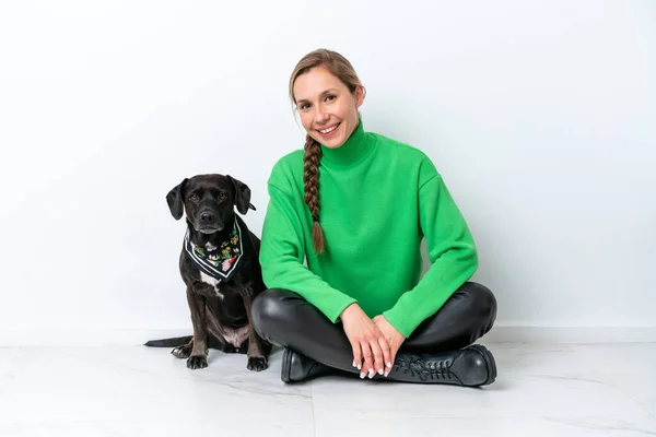 Young Caucasian Woman Sitting Floor His Puppy Isolated White Background — 스톡 사진