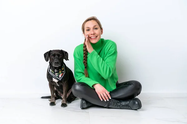 Young Caucasian Woman Sitting Floor His Puppy Isolated White Background — Fotografia de Stock