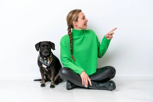 Young Caucasian Woman Sitting Floor His Puppy Isolated White Background — Fotografia de Stock