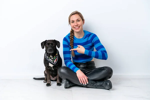 Young Caucasian Woman Sitting Floor His Puppy Isolated White Background — Stock fotografie