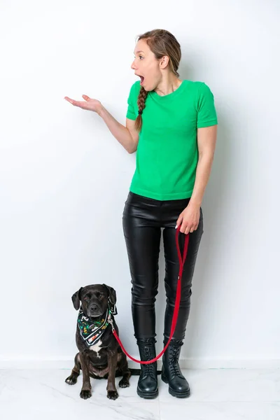 Full Body Girl Her Puppy Isolated White Background Surprise Facial — Zdjęcie stockowe