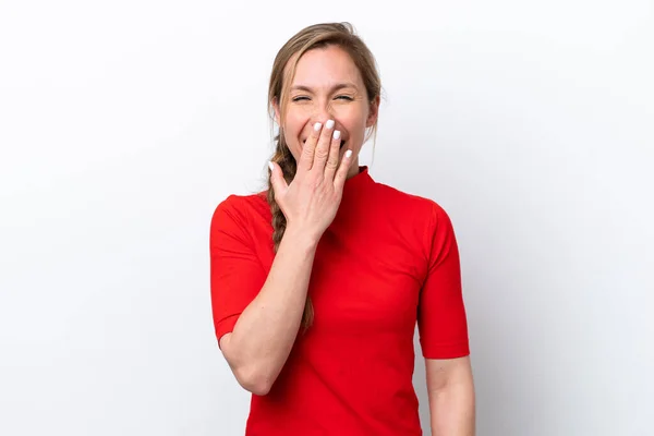 Jeune Femme Caucasienne Isolée Sur Fond Blanc Heureuse Souriante Couvrant — Photo