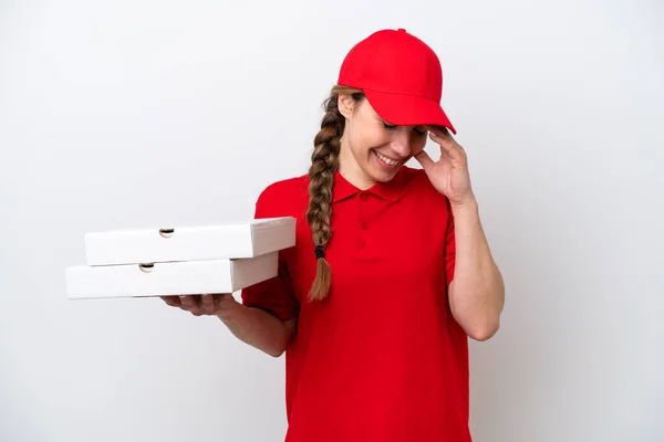Pizza Delivery Woman Work Uniform Picking Pizza Boxes Isolated White — Fotografia de Stock