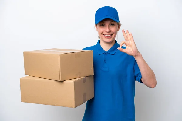 Delivery Caucasian Woman Isolated White Background Showing Sign Fingers — Stockfoto