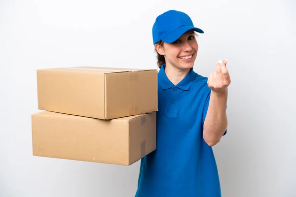 Delivery Caucasian Woman Isolated White Background Making Money Gesture — Stockfoto