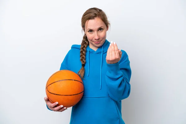 Young Caucasian Woman Playing Basketball Isolated White Background Inviting Come — Stock fotografie