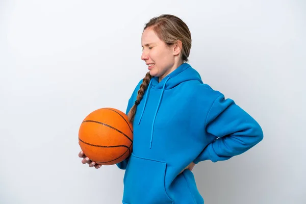 Young Caucasian Woman Playing Basketball Isolated White Background Suffering Backache — Stock Photo, Image