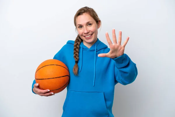 Young Caucasian Woman Playing Basketball Isolated White Background Counting Five — Fotografia de Stock