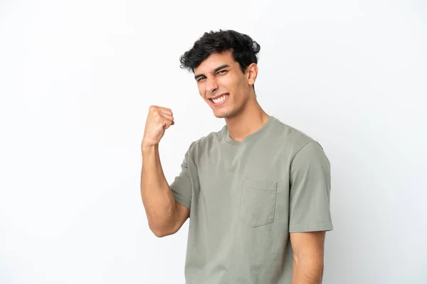 Jonge Argentijnse Man Geïsoleerd Witte Achtergrond Vieren Van Een Overwinning — Stockfoto