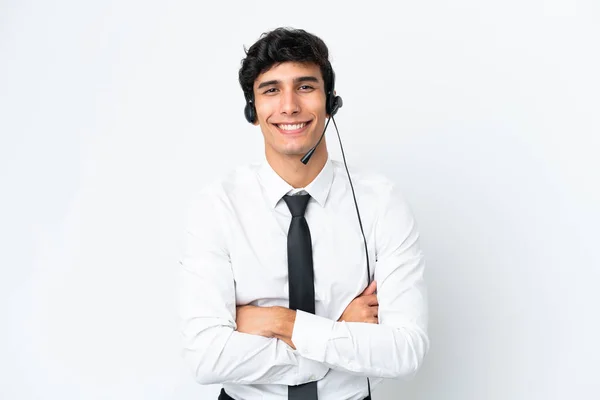 Homem Telemarketer Trabalhando Com Fone Ouvido Isolado Fundo Branco Mantendo — Fotografia de Stock