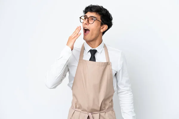 Restaurant Argentinian Waiter Isolated White Background Yawning Covering Wide Open — Stock Photo, Image