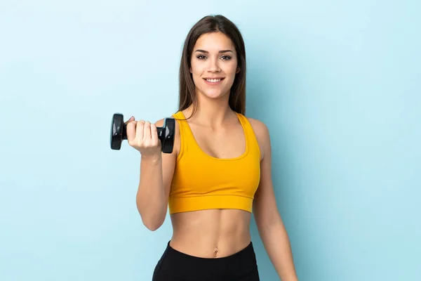 Young Caucasian Woman Making Weightlifting Isolated Blue Background Happy Expression — Foto Stock