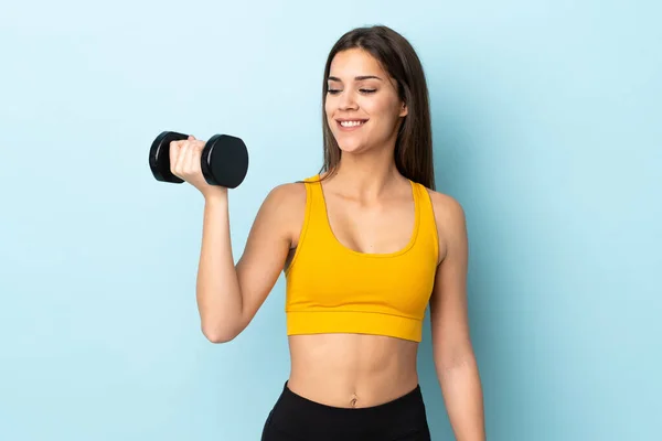 Young Caucasian Woman Making Weightlifting Isolated Blue Background Happy Expression — Foto Stock