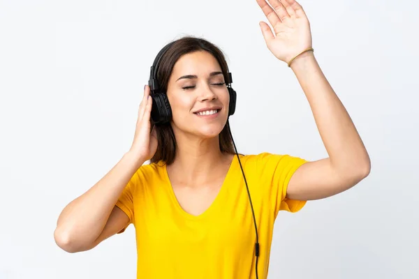 Jeune Femme Caucasienne Isolée Sur Fond Blanc Écouter Musique Danser — Photo