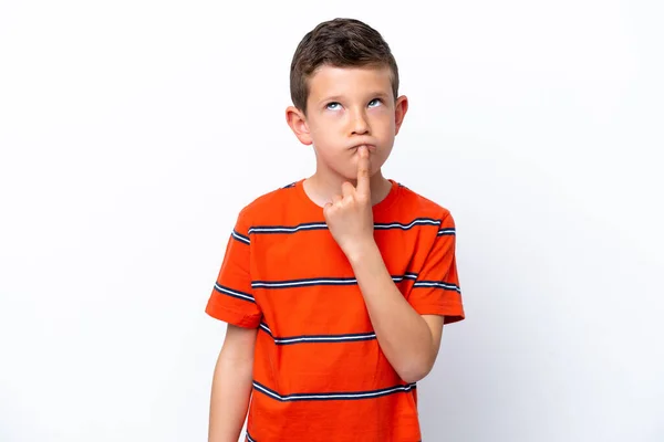 Little Boy Isolated White Background Having Doubts While Looking — Stock Photo, Image