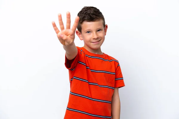 Little Boy Isolated White Background Happy Counting Four Fingers — Stock Photo, Image