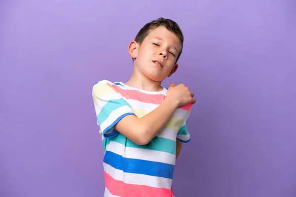 Little Boy Isolated Purple Background Suffering Pain Shoulder Having Made — Stock Photo, Image