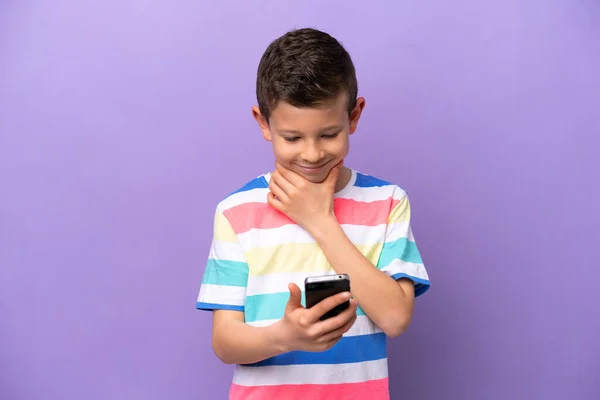Little Boy Isolated Purple Background Thinking Sending Message — Stock Photo, Image