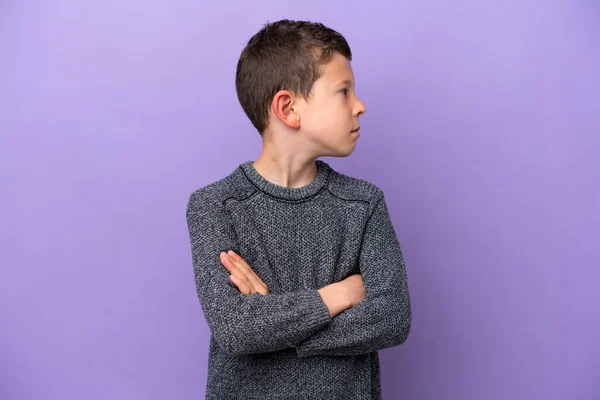 Little Boy Isolated Purple Background Keeping Arms Crossed — Stock Photo, Image