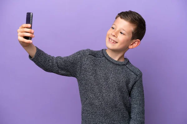 Little Boy Isolated Purple Background Making Selfie — Stock Photo, Image