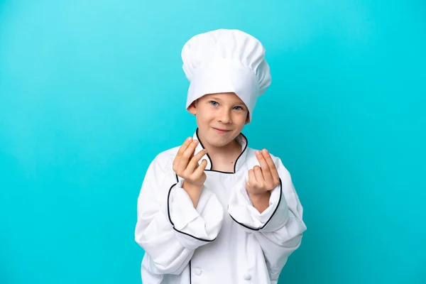 Piccolo Chef Ragazzo Isolato Sfondo Blu Fare Soldi Gesto — Foto Stock
