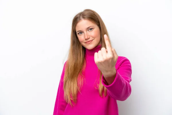 Jovem Caucasiano Mulher Isolado Branco Fundo Fazendo Chegando Gesto — Fotografia de Stock