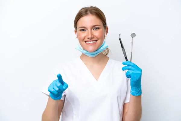 Dentist Caucasian Woman Holding Tools Isolated White Background Surprised Pointing — Stockfoto