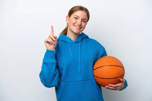 Giovane Donna Caucasica Che Gioca Basket Isolato Sfondo Bianco Mostrando — Foto Stock