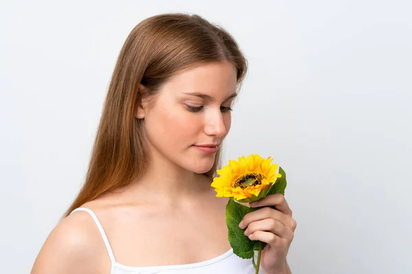 Young Caucasian Woman Isolated White Background Holding Sunflower Close Portrait — Stock Photo, Image