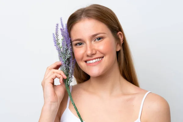 Ung Kaukasisk Kvinna Isolerad Vit Bakgrund Håller Lavendel Växt Närbild — Stockfoto