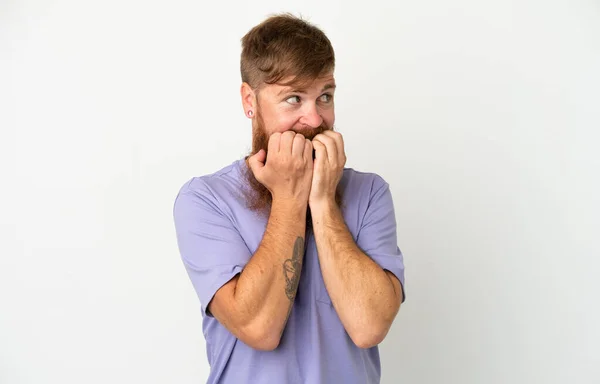 Young Reddish Caucasian Man Isolated White Background Nervous Scared Putting — Stock Photo, Image