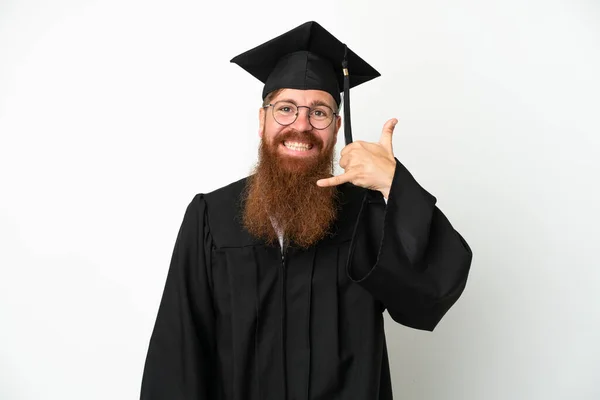Junge Universitätsabsolventen Rötlichen Mann Isoliert Auf Weißem Hintergrund Machen Handygesten — Stockfoto