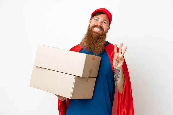 Super Hrdina Dodání Načervenalý Muž Izolované Bílém Pozadí Šťastný Počítání — Stock fotografie