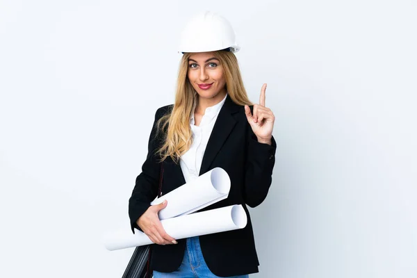 Jonge Architect Vrouw Met Helm Het Houden Van Blauwdrukken Geïsoleerde — Stockfoto