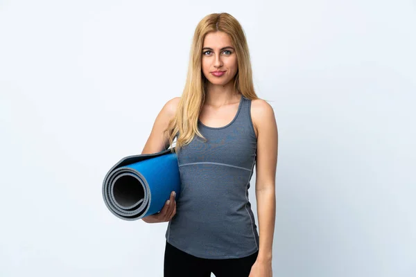 Young Sport Woman Going Yoga Classes While Holding Mat Isolated — Stock Photo, Image