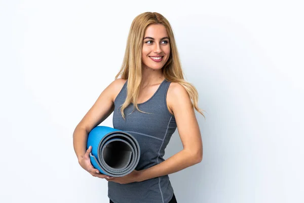 Young Sport Woman Going Yoga Classes While Holding Mat Isolated — Stock Photo, Image