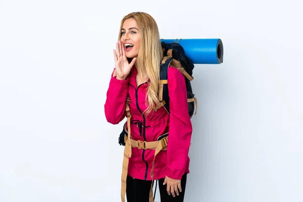 Young Mountaineer Woman Big Backpack Isolated White Background Shouting Mouth — Stock Photo, Image