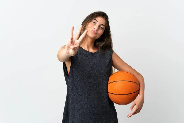 Молода Жінка Грає Баскетбол Ізольовано Білому Тлі Щаслива Рахує Трьох — стокове фото