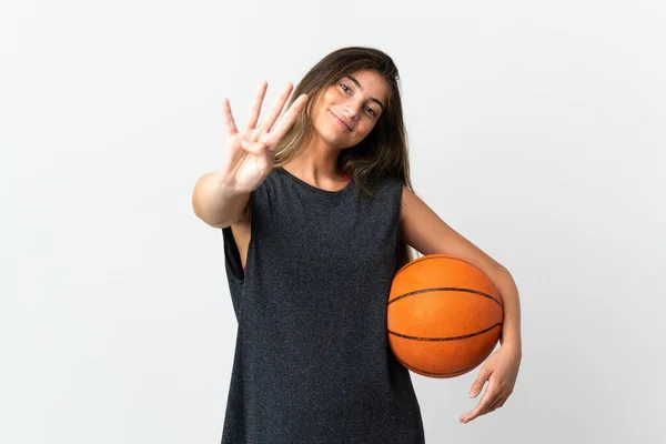 Jovem Mulher Jogando Basquete Isolado Fundo Branco Feliz Contando Quatro — Fotografia de Stock