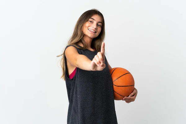 Mujer Joven Jugando Baloncesto Aislado Sobre Fondo Blanco Mostrando Levantando —  Fotos de Stock