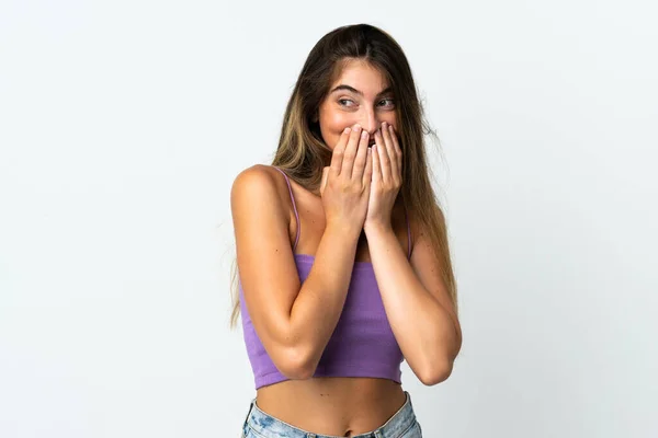 Jeune Femme Caucasienne Isolée Sur Fond Blanc Heureuse Souriante Couvrant — Photo