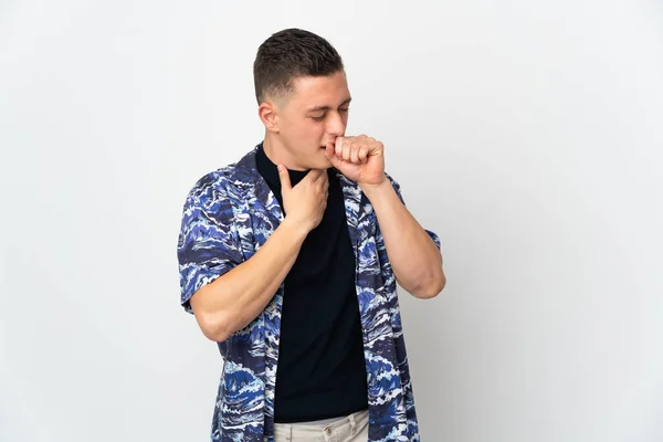 Young Caucasian Man Isolated White Background Coughing Lot — Stock Photo, Image