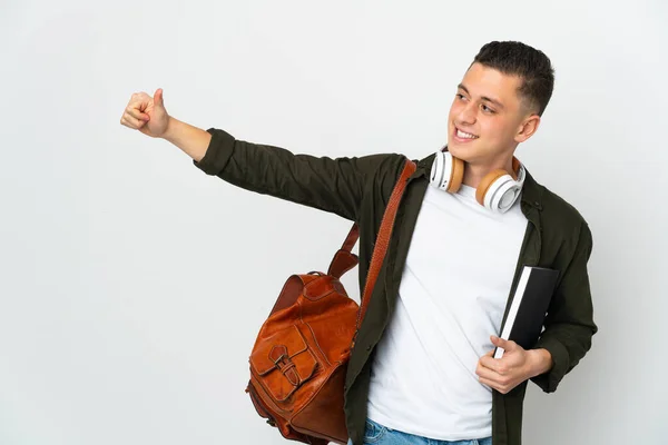 Joven Caucásico Estudiante Hombre Aislado Blanco Fondo Dando Pulgar Hacia — Foto de Stock