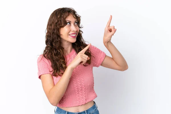 Young Woman Curly Hair Isolated White Background Pointing Index Finger — Stock Photo, Image