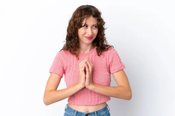 Young Woman Curly Hair Isolated White Background Scheming Something — Stock Photo, Image