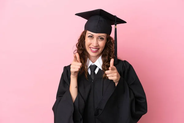 Young University Graduate Woman Isolated Pink Background Pointing Front Smiling — Stock Photo, Image