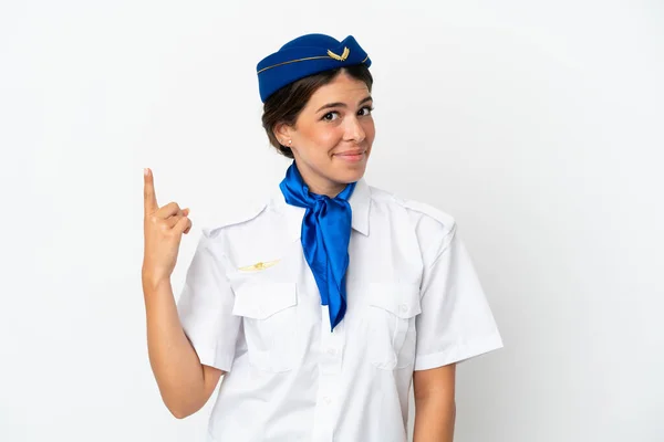 Αεροπλάνο Αεροσυνοδός Καυκάσιος Γυναίκα Απομονώνονται Λευκό Φόντο Δείχνοντας Δείκτη Δάχτυλο — Φωτογραφία Αρχείου